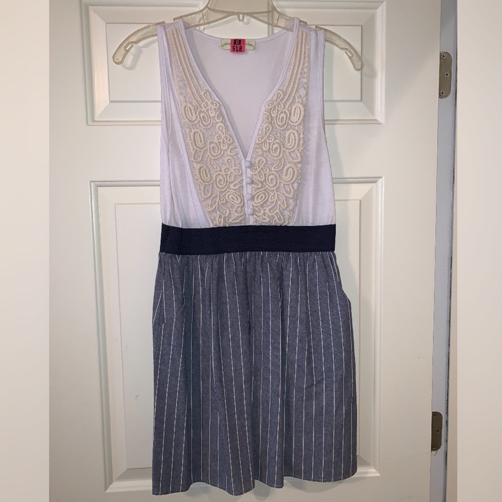Pinstripe dress with embroidered lace + pockets!